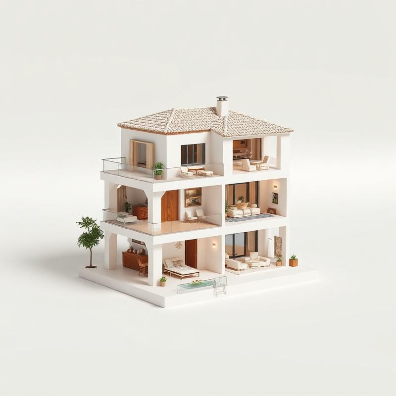 Dollhouse cutaway 3D model of a three-storey Mediterranean villa