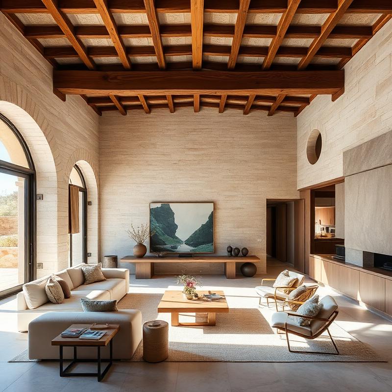 Interior of a Mallorca villa with limestone walls and timber beams